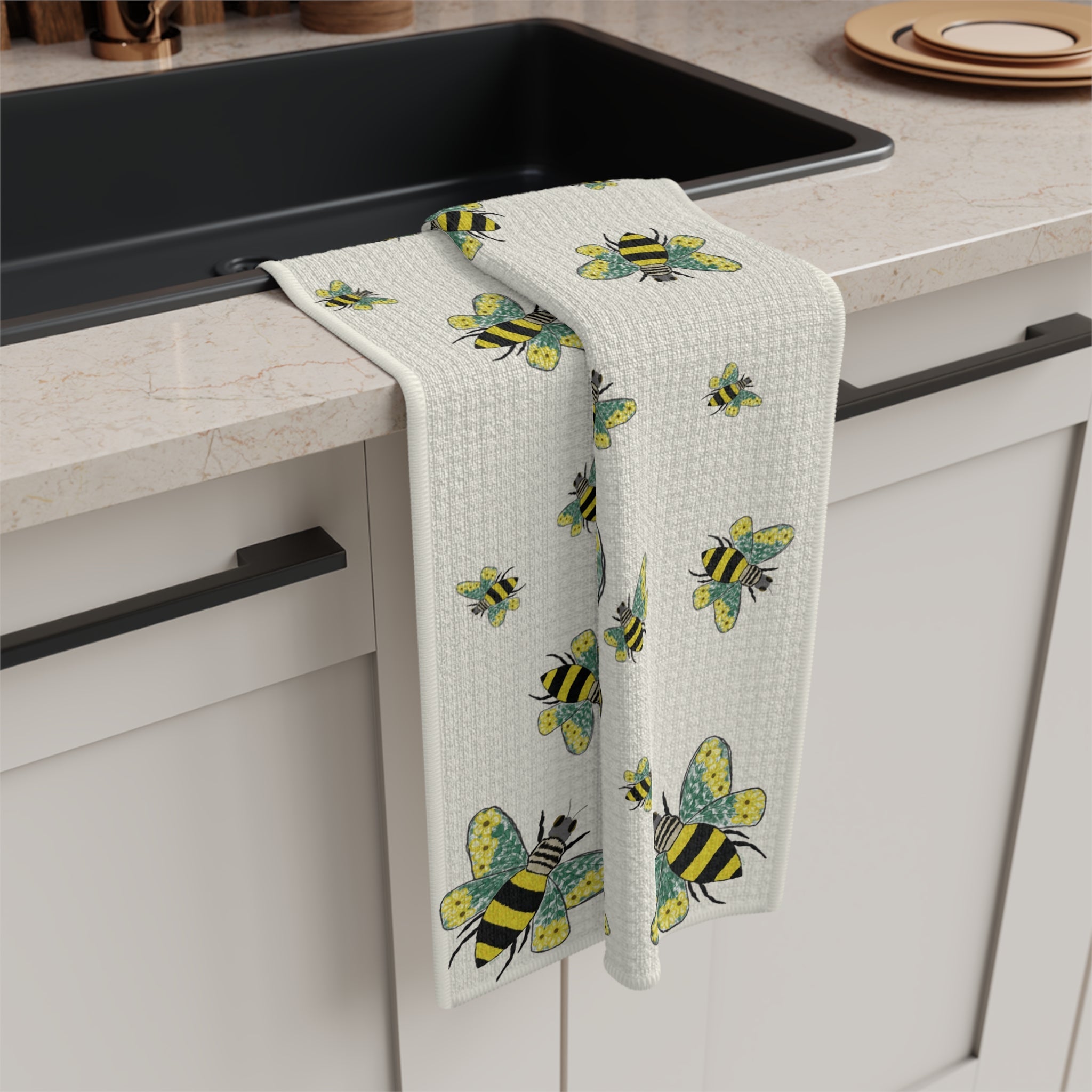 Bee Flowers Microfiber Waffle Kitchen Towel - Blue Cava