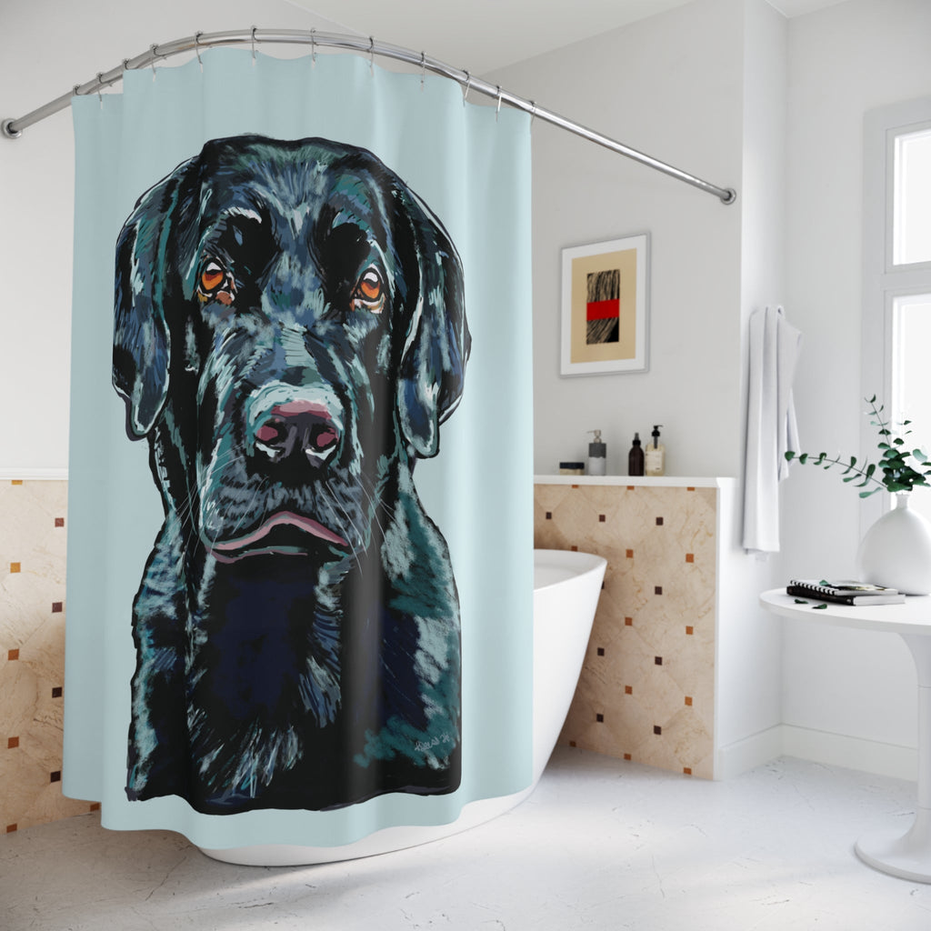 Black Labrador Shower Curtain — Dog Portrait Bathroom Decor - Blue Cava