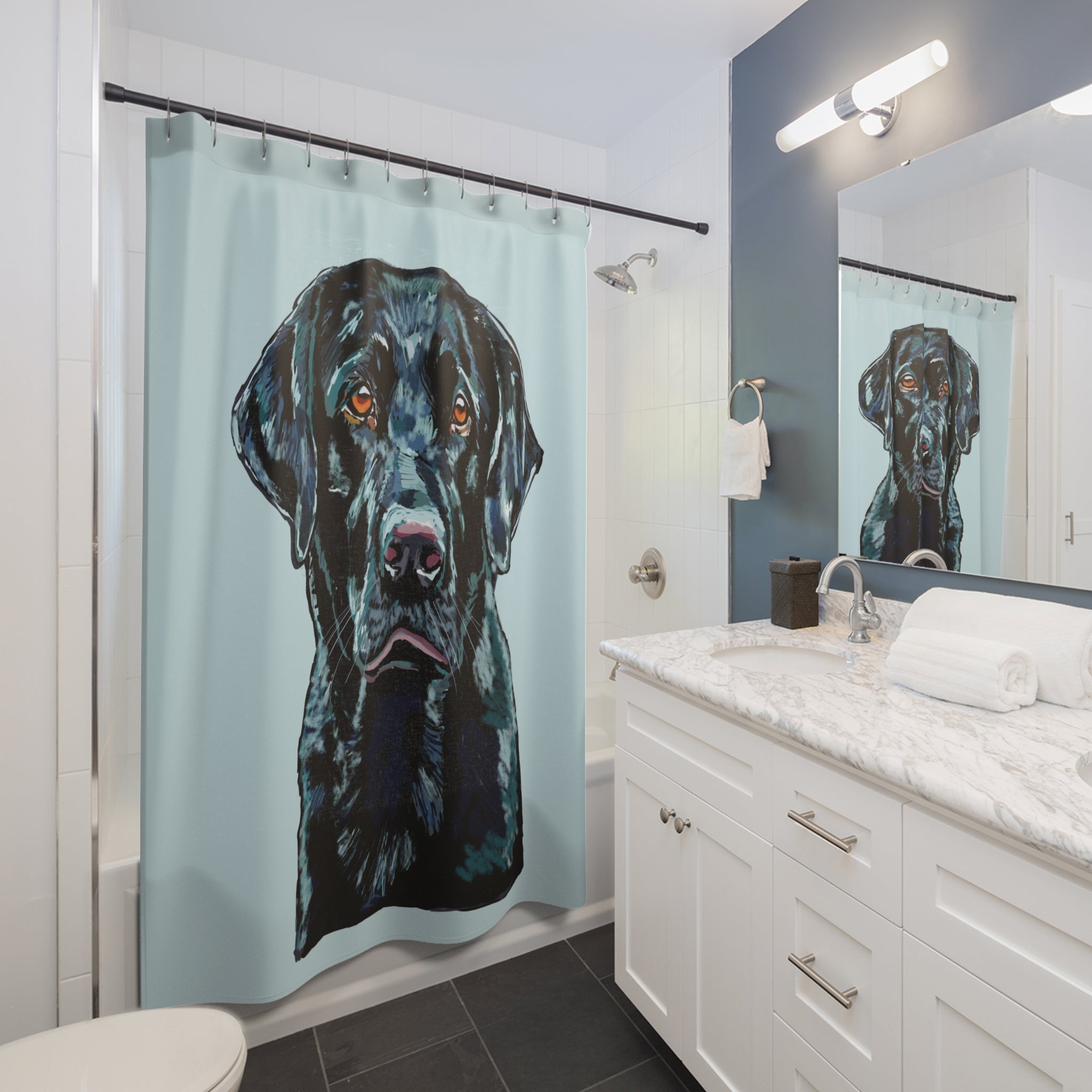 Black Labrador Shower Curtain — Dog Portrait Bathroom Decor - Blue Cava