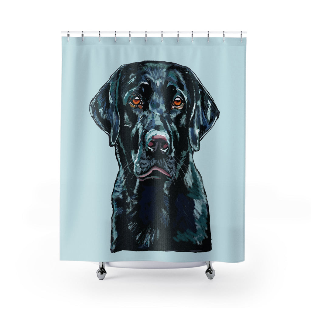 Black Labrador Shower Curtain — Dog Portrait Bathroom Decor - Blue Cava