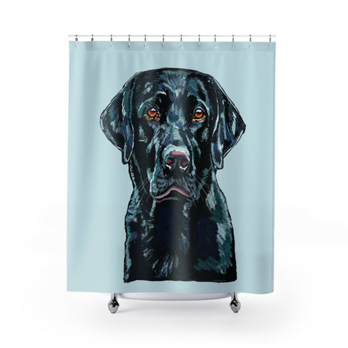 Black Labrador Shower Curtain — Dog Portrait Bathroom Decor - Blue Cava