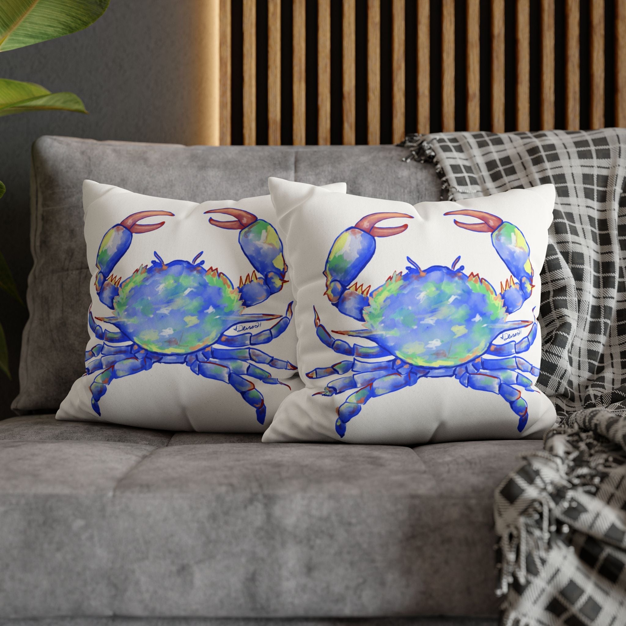 Blue Crab Faux Suede Square Pillow Case - Blue Cava