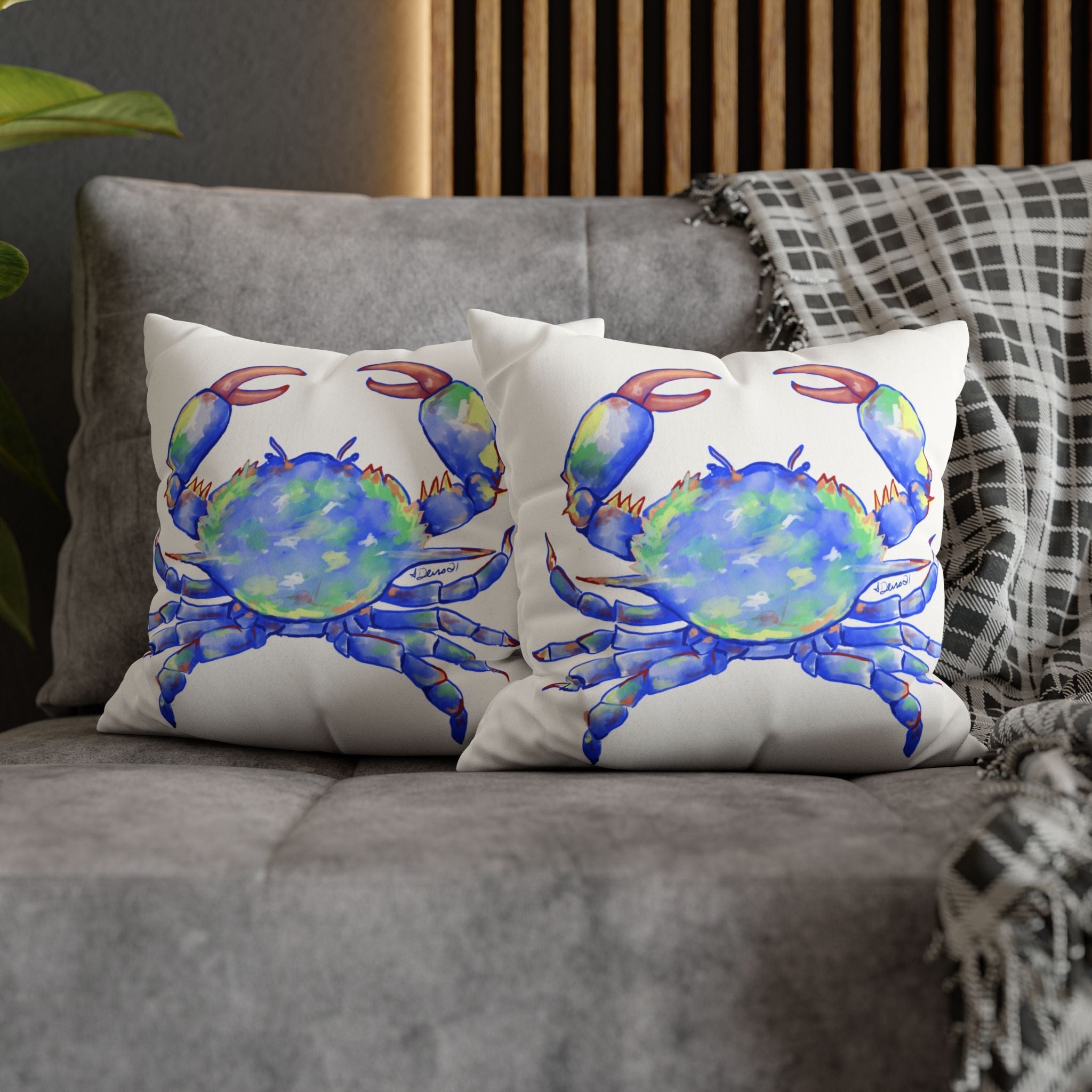 Blue Crab Faux Suede Square Pillow Case - Blue Cava