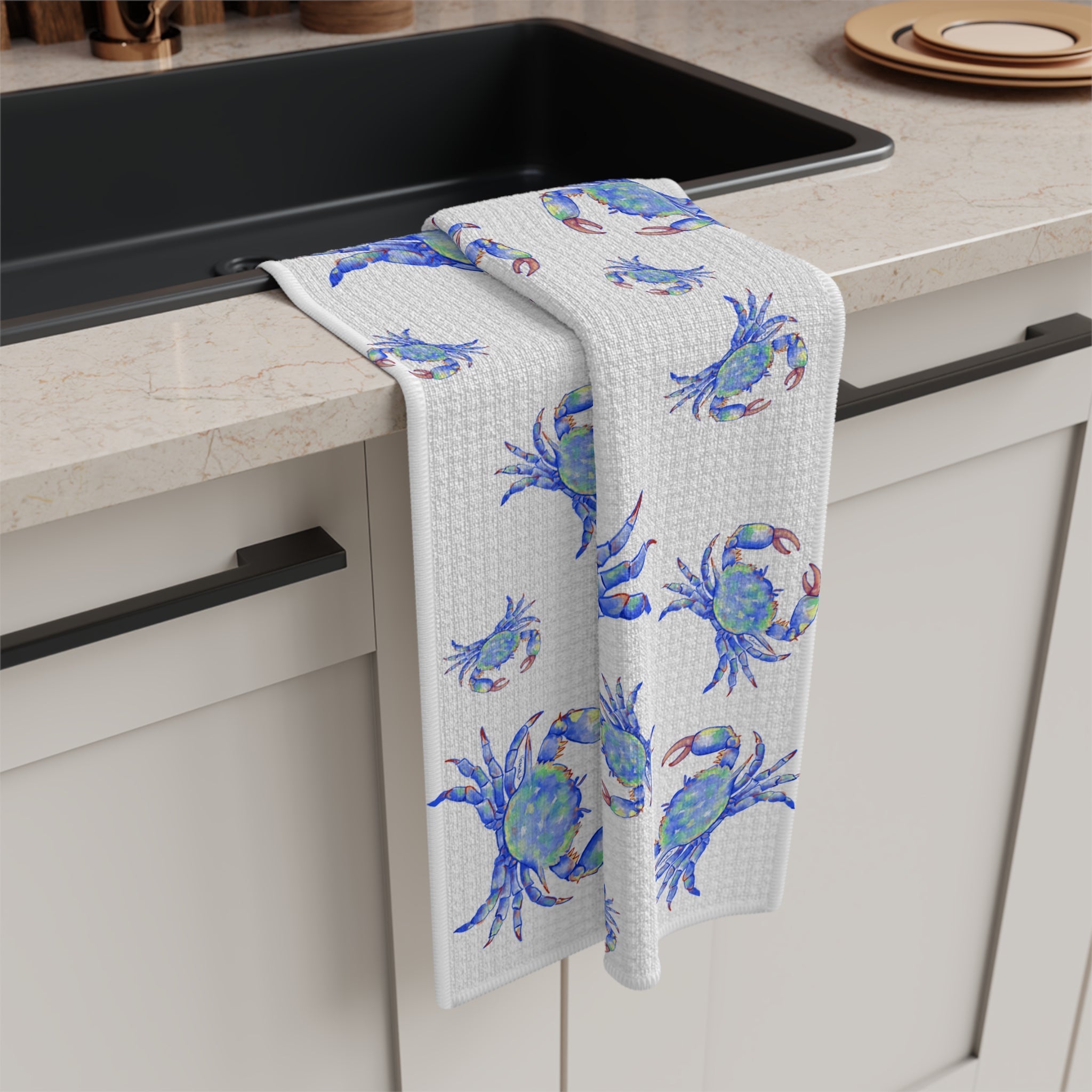 Blue Crabs Microfiber Waffle Kitchen Towel - Blue Cava