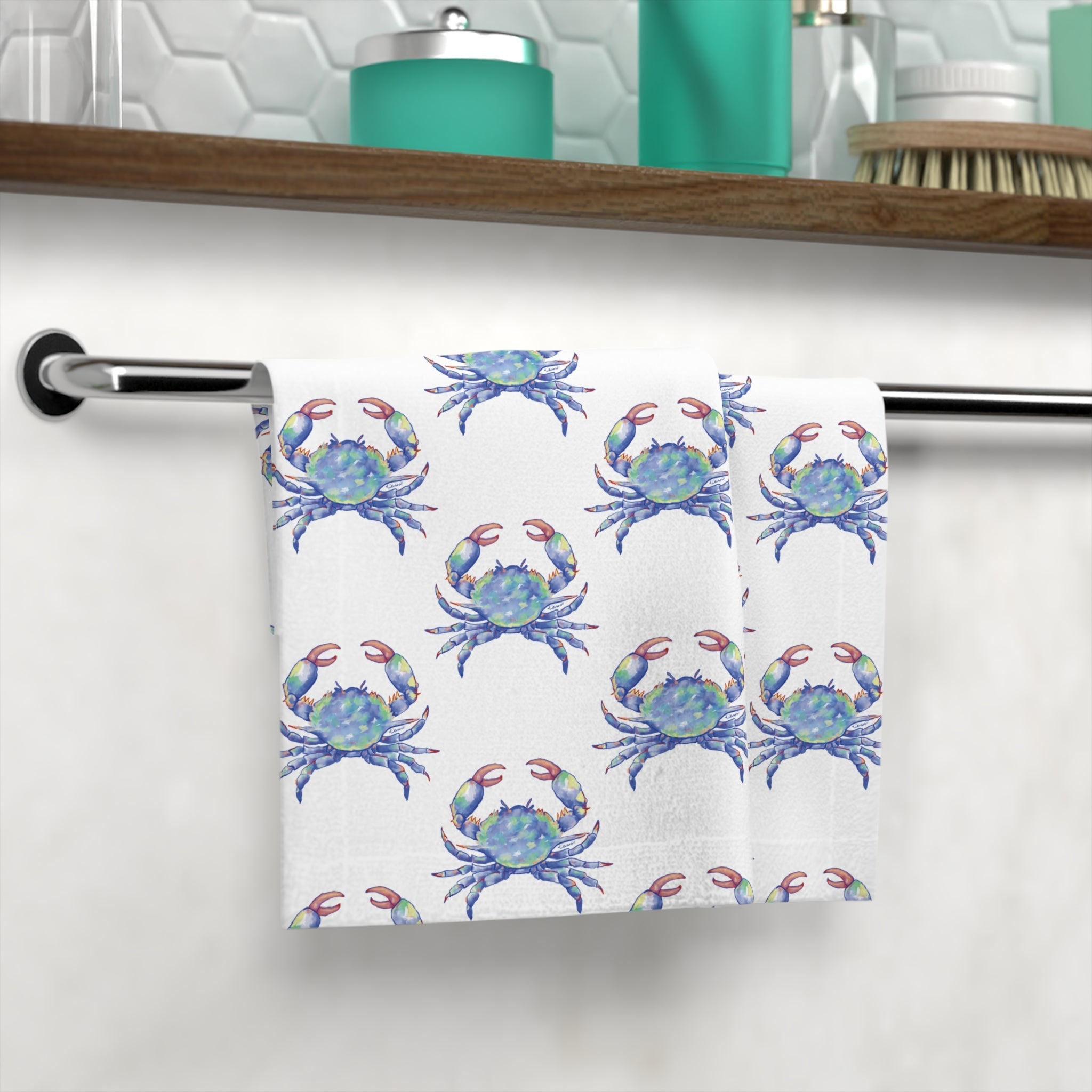 Blue Watercolor Crab Washcloth Towel — Coastal Beach Bathroom Accessory - Blue Cava