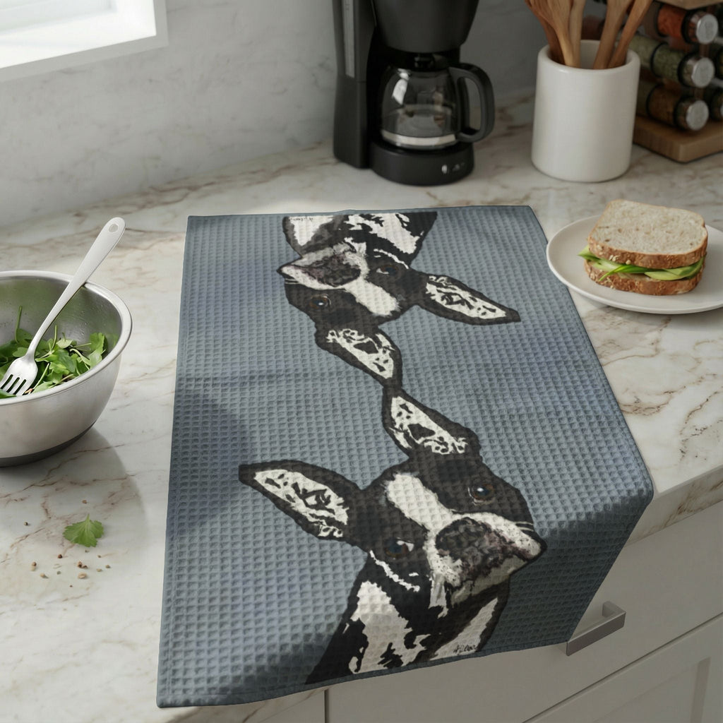 Boston Terrier "Bugsy" Microfiber Waffle Kitchen Towel - Blue Cava