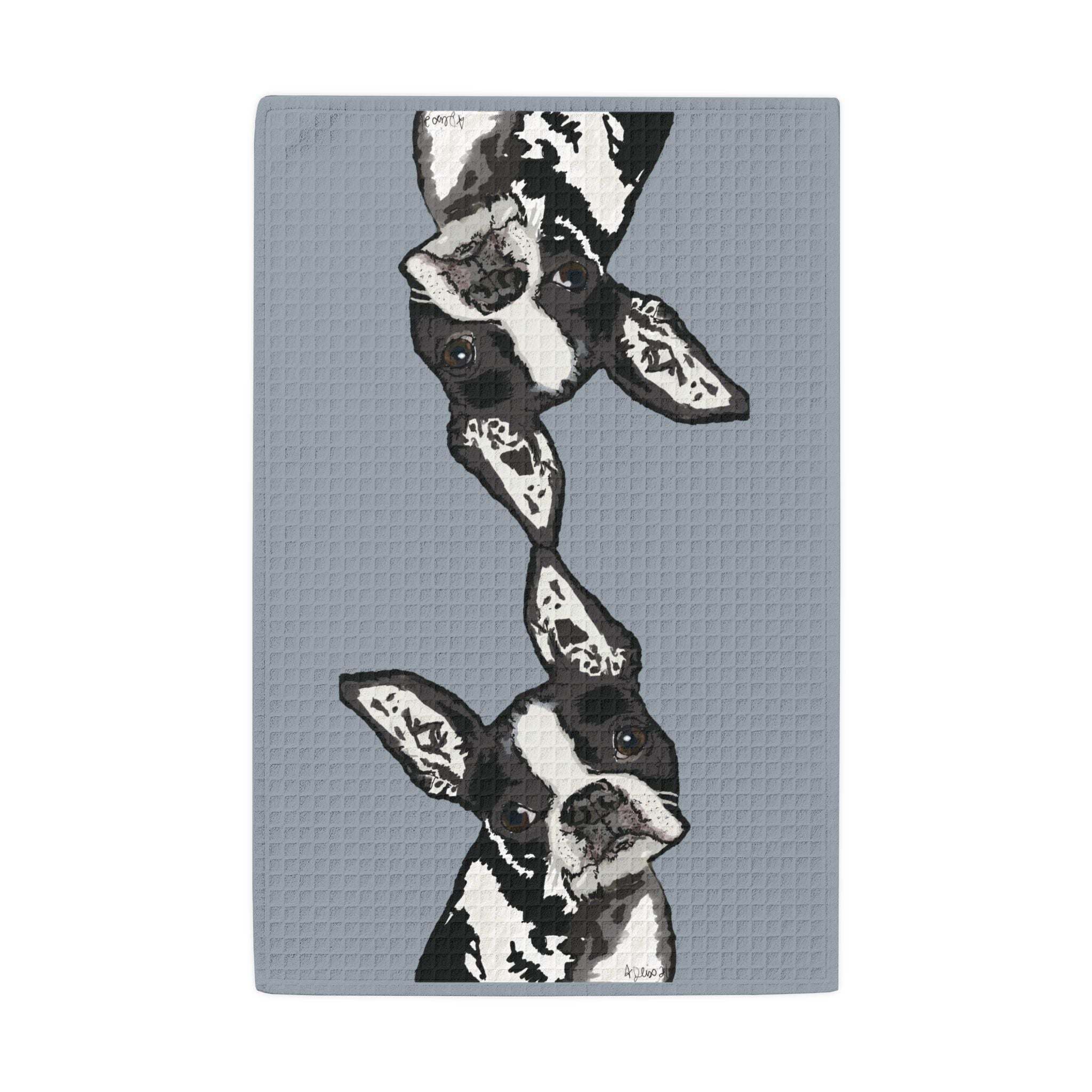 Boston Terrier "Bugsy" Microfiber Waffle Kitchen Towel - Blue Cava