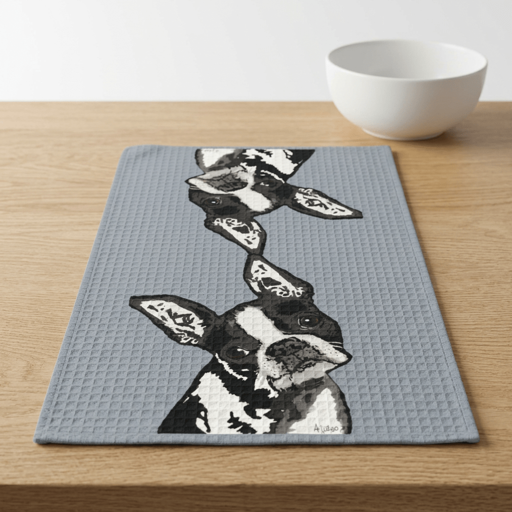 Boston Terrier "Bugsy" Microfiber Waffle Kitchen Towel - Blue Cava