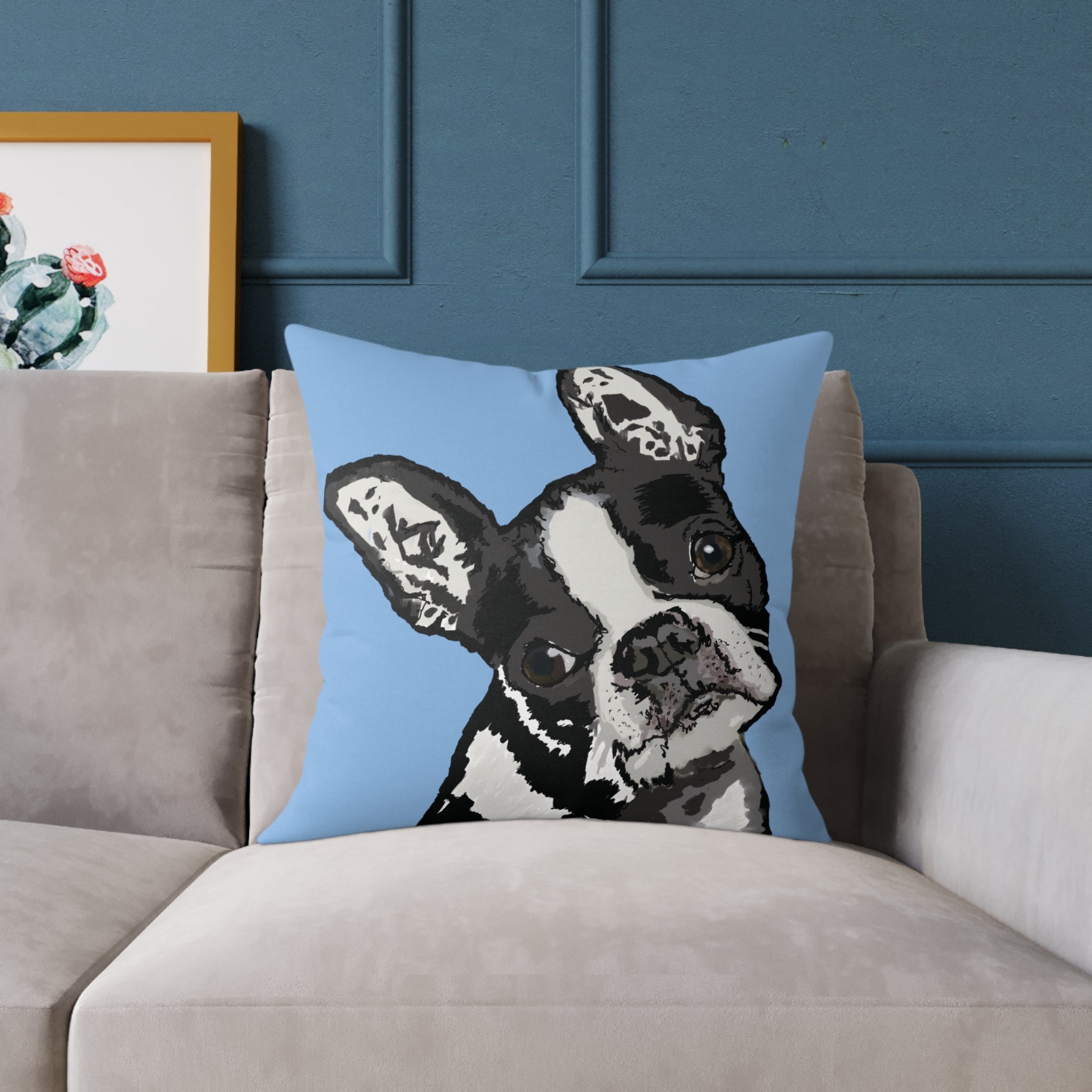 Boston Terrier Throw Pillow — Cute Dog Portrait on Blue Square Poly Canvas Pillow - Blue Cava