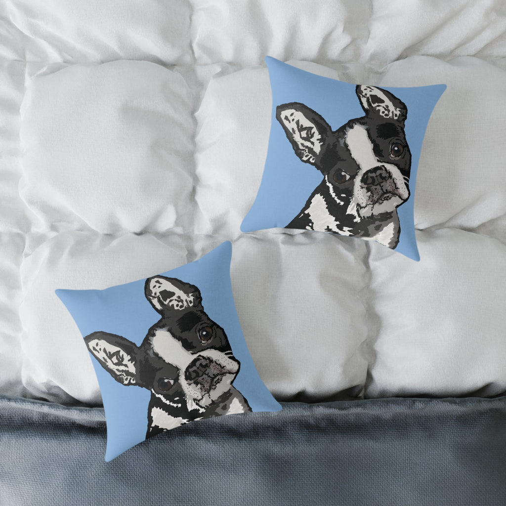 Boston Terrier Throw Pillow — Cute Dog Portrait on Blue Square Poly Canvas Pillow - Blue Cava