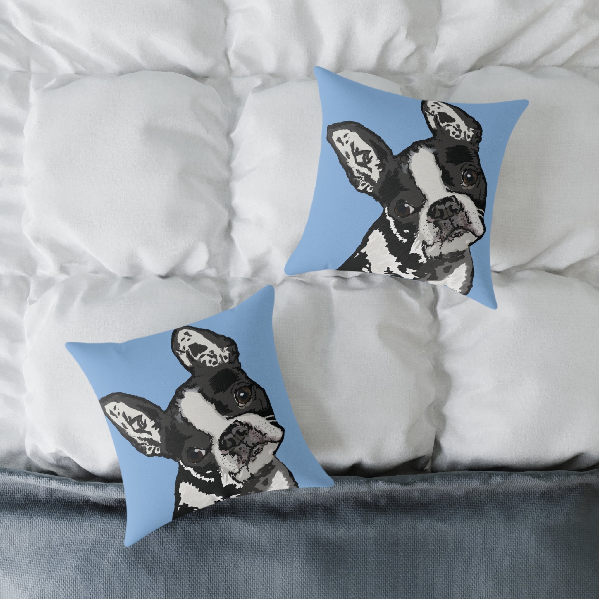 Boston Terrier Throw Pillow — Cute Dog Portrait on Blue Square Poly Canvas Pillow - Blue Cava