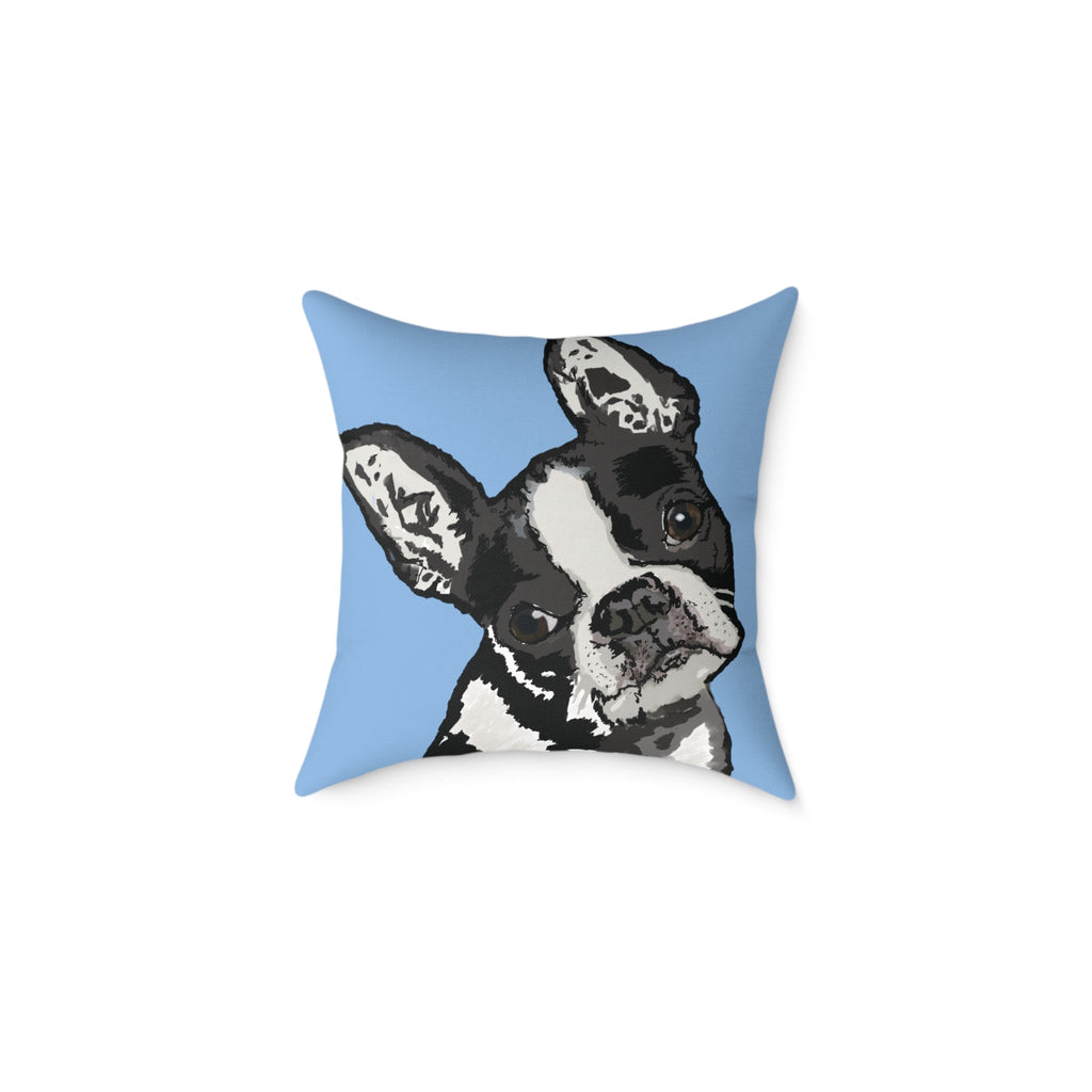 Boston Terrier Throw Pillow — Cute Dog Portrait on Blue Square Poly Canvas Pillow - Blue Cava