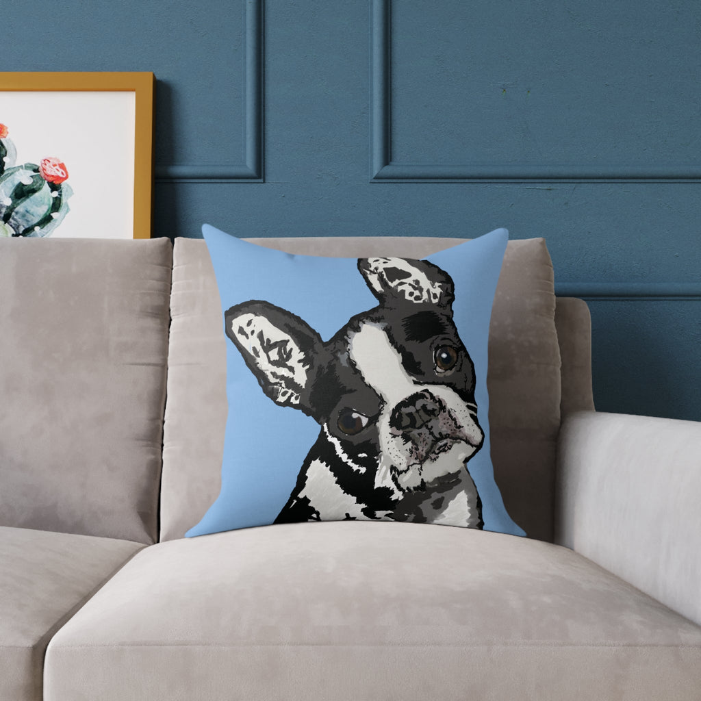 Boston Terrier Throw Pillow — Cute Dog Portrait on Blue Square Poly Canvas Pillow - Blue Cava