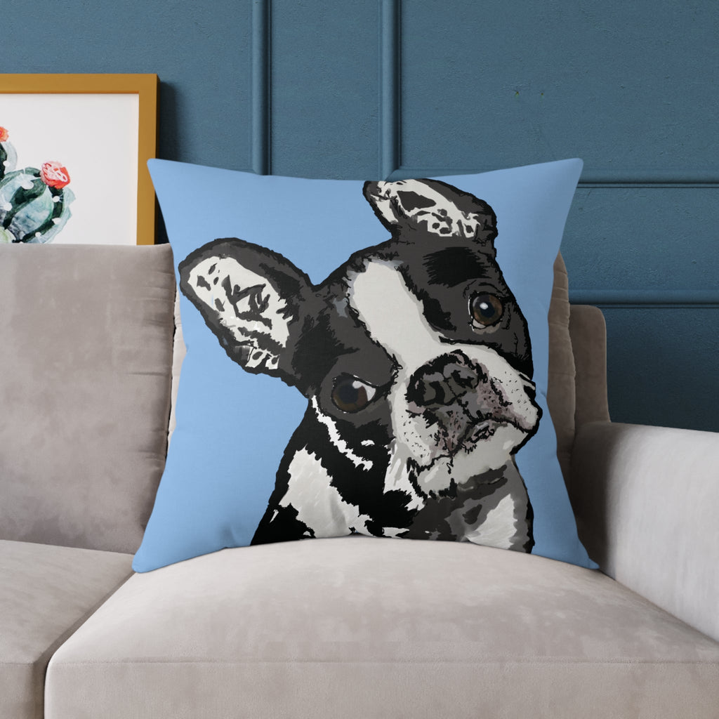 Boston Terrier Throw Pillow — Cute Dog Portrait on Blue Square Poly Canvas Pillow - Blue Cava