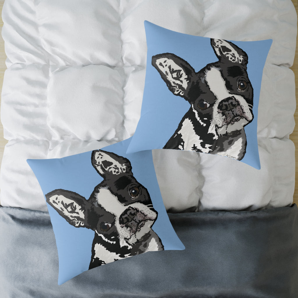 Boston Terrier Throw Pillow — Cute Dog Portrait on Blue Square Poly Canvas Pillow - Blue Cava