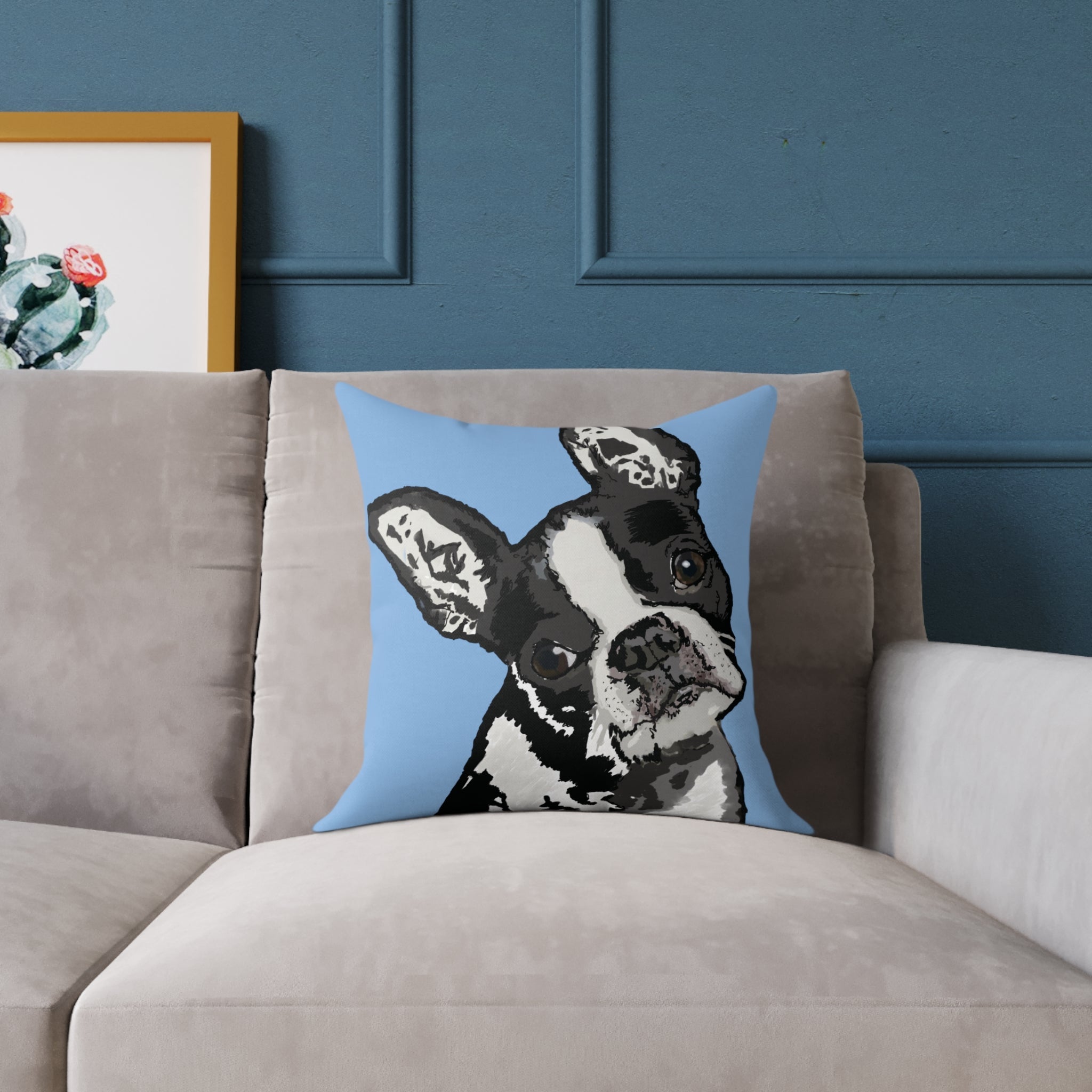 Boston Terrier Throw Pillow — Cute Dog Portrait on Blue Square Poly Canvas Pillow - Blue Cava