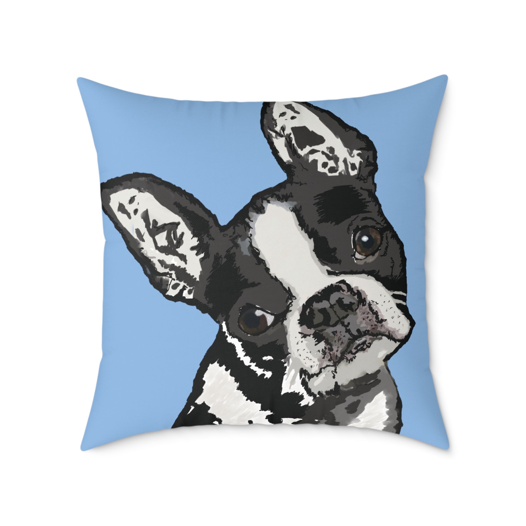 Boston Terrier Throw Pillow — Cute Dog Portrait on Blue Square Poly Canvas Pillow - Blue Cava