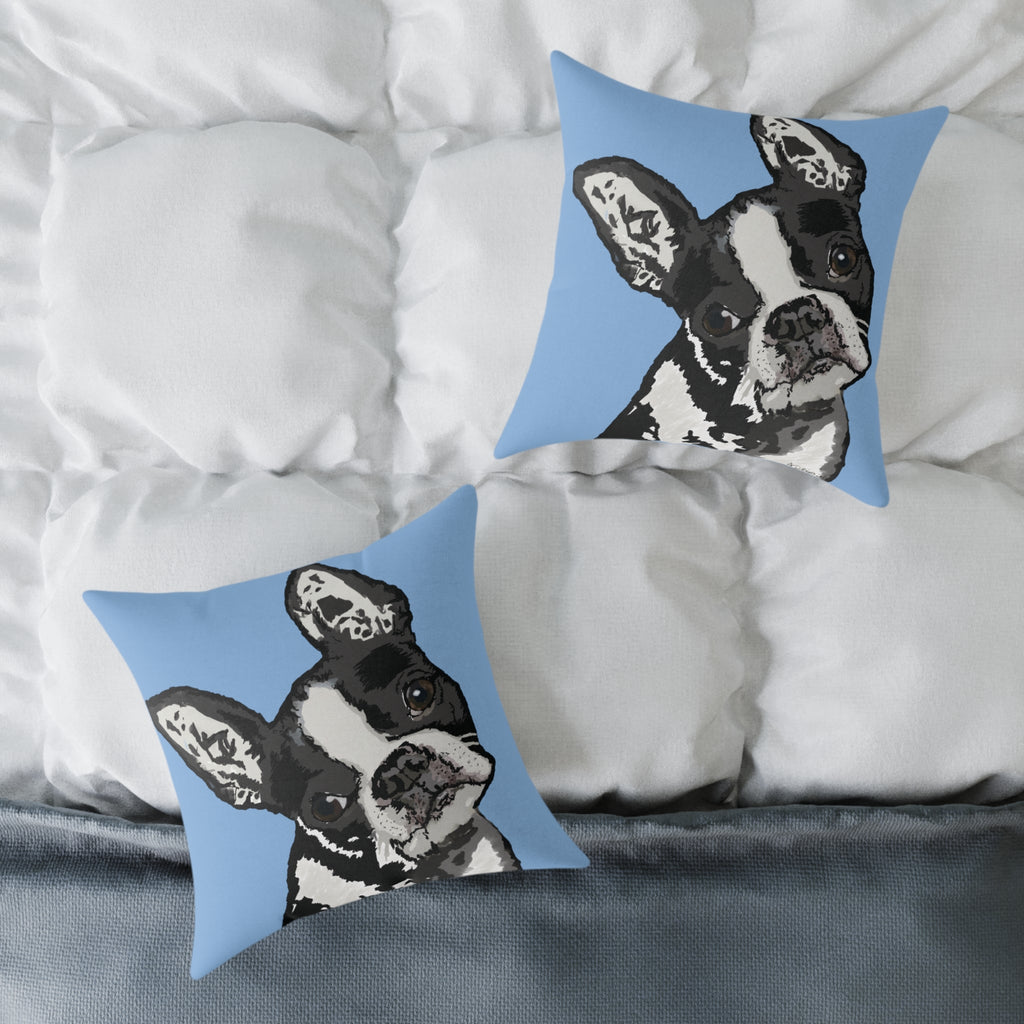 Boston Terrier Throw Pillow — Cute Dog Portrait on Blue Square Poly Canvas Pillow - Blue Cava