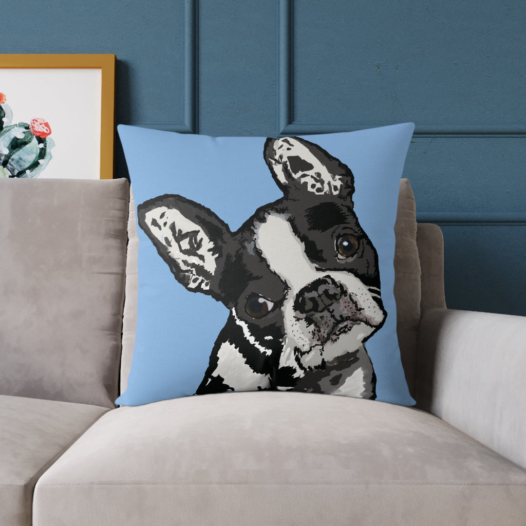Boston Terrier Throw Pillow — Cute Dog Portrait on Blue Square Poly Canvas Pillow - Blue Cava