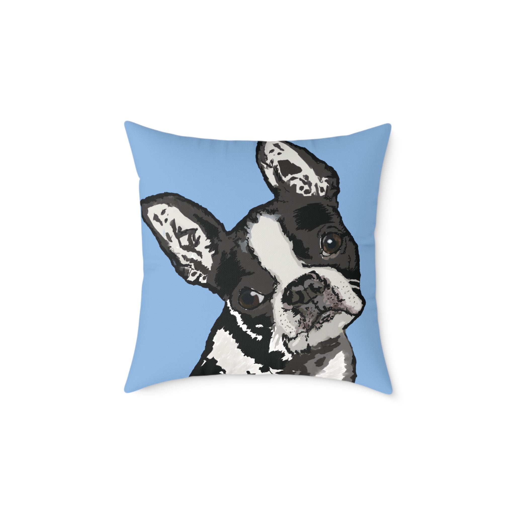 Boston Terrier Throw Pillow — Cute Dog Portrait on Blue Square Poly Canvas Pillow - Blue Cava