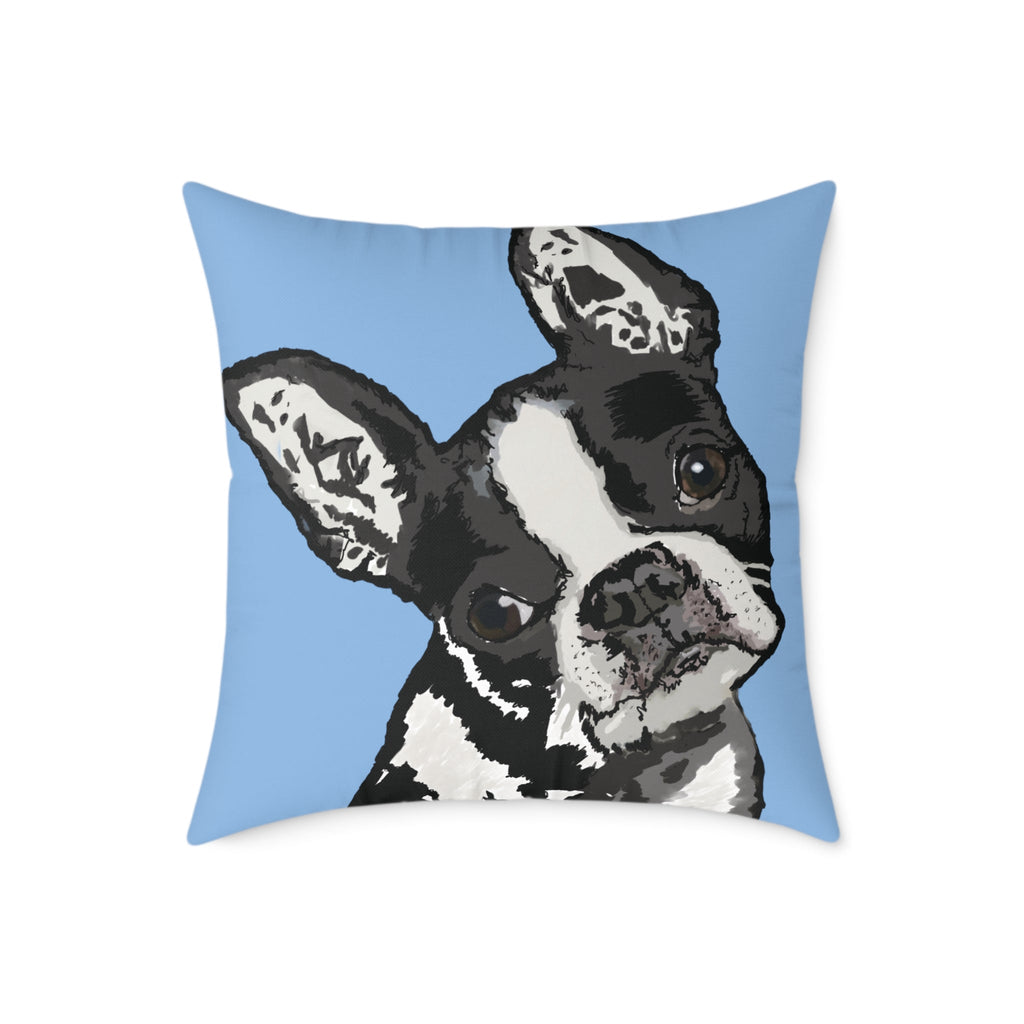 Boston Terrier Throw Pillow — Cute Dog Portrait on Blue Square Poly Canvas Pillow - Blue Cava
