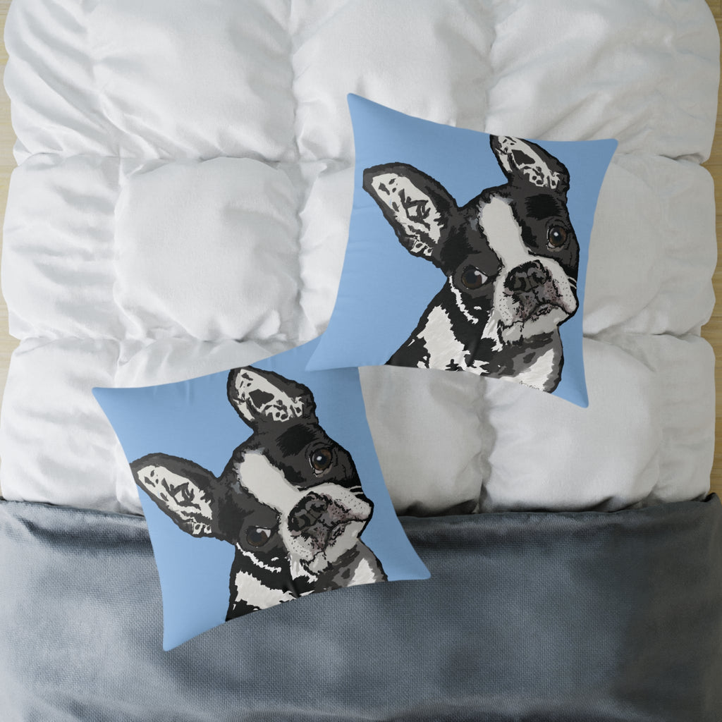 Boston Terrier Throw Pillow — Cute Dog Portrait on Blue Square Poly Canvas Pillow - Blue Cava