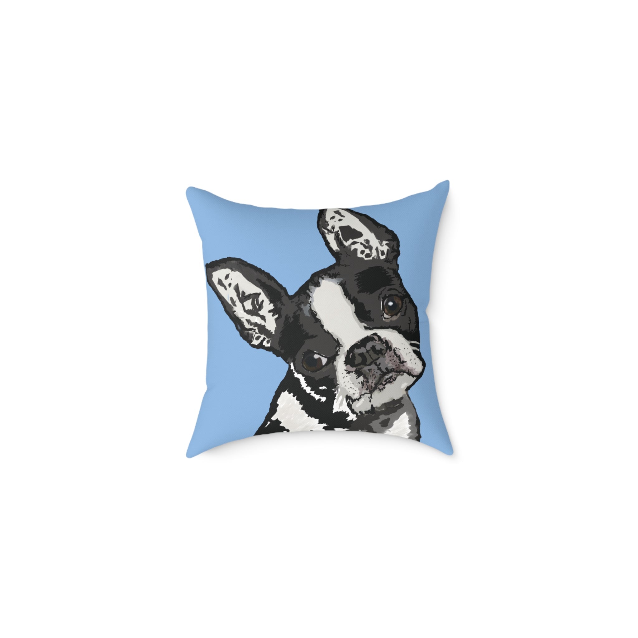 Boston Terrier Throw Pillow — Cute Dog Portrait on Blue Square Poly Canvas Pillow - Blue Cava