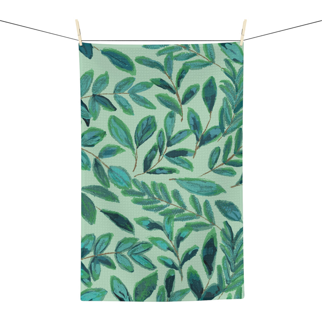 Botanical Leaf Microfiber Waffle Kitchen Dish Towel — Watercolor Foliage - Blue Cava