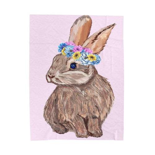 Bunny Floral Crown Velveteen Plush Blanket - Blue Cava