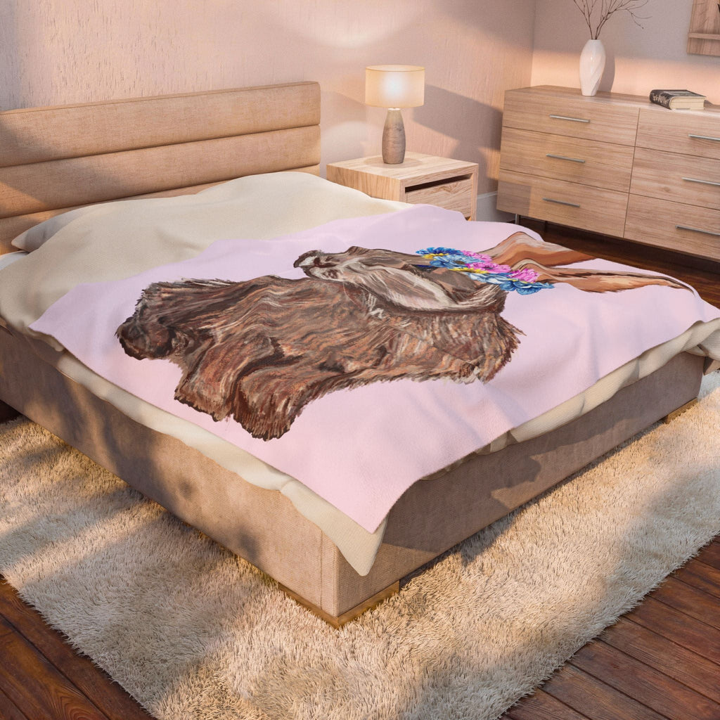 Bunny Floral Crown Velveteen Plush Blanket - Blue Cava