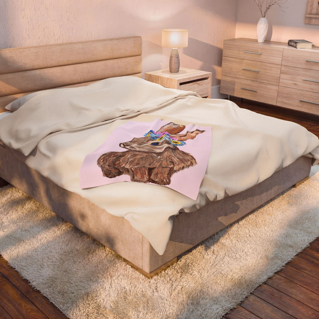 Bunny Floral Crown Velveteen Plush Blanket - Blue Cava