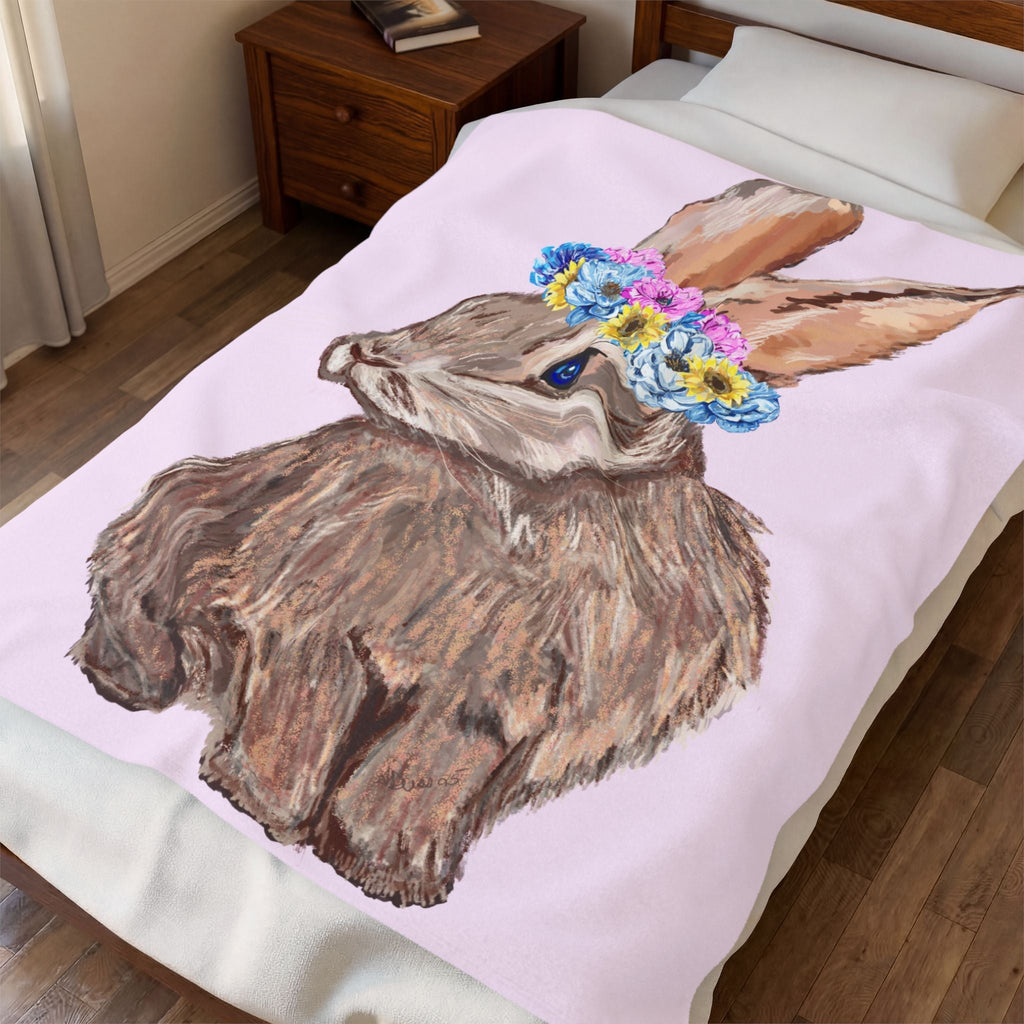 Bunny Floral Crown Velveteen Plush Blanket - Blue Cava