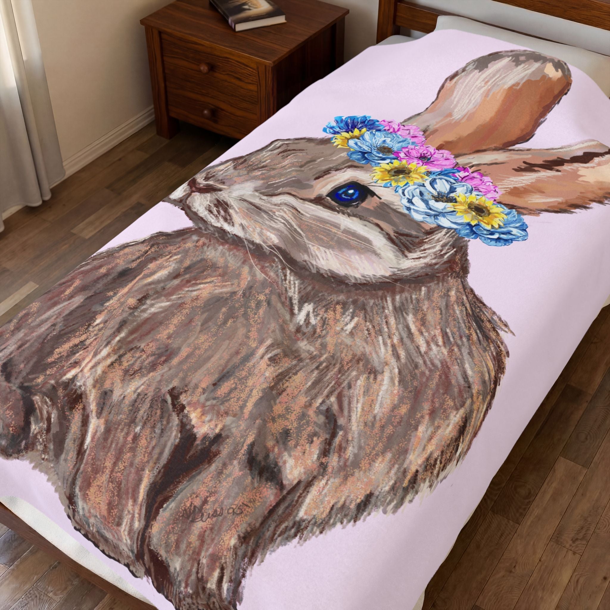 Bunny Floral Crown Velveteen Plush Blanket - Blue Cava