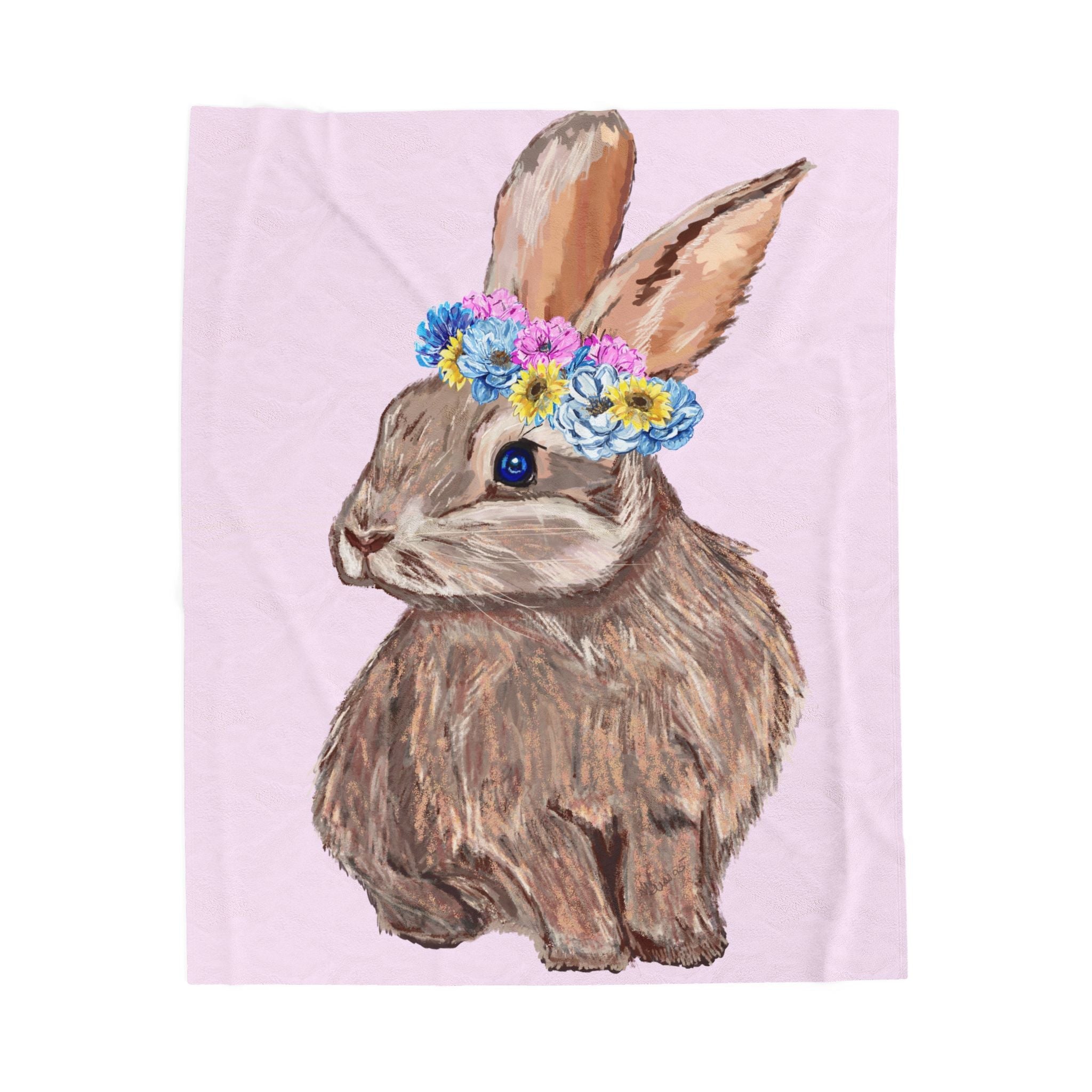 Bunny Floral Crown Velveteen Plush Blanket - Blue Cava