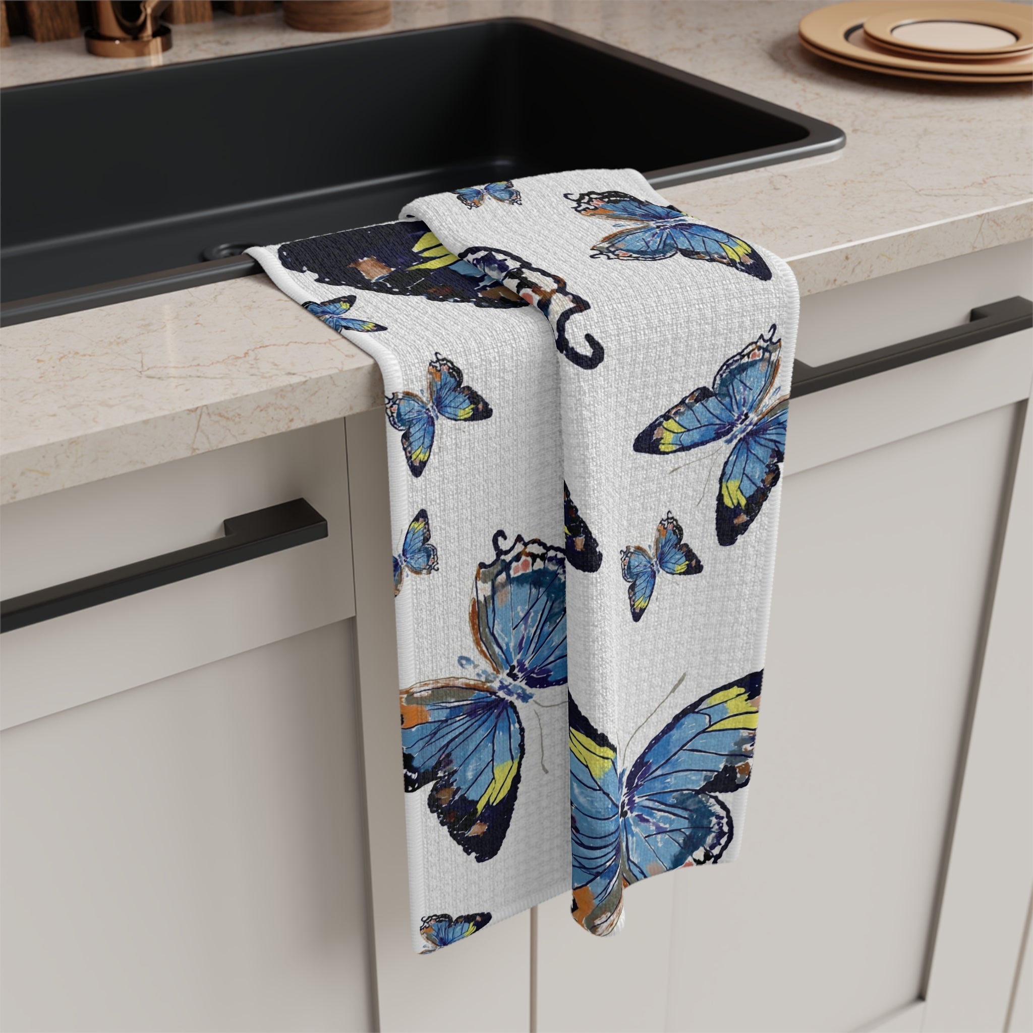 Butterflies Microfiber Waffle Kitchen Towel - Blue Cava