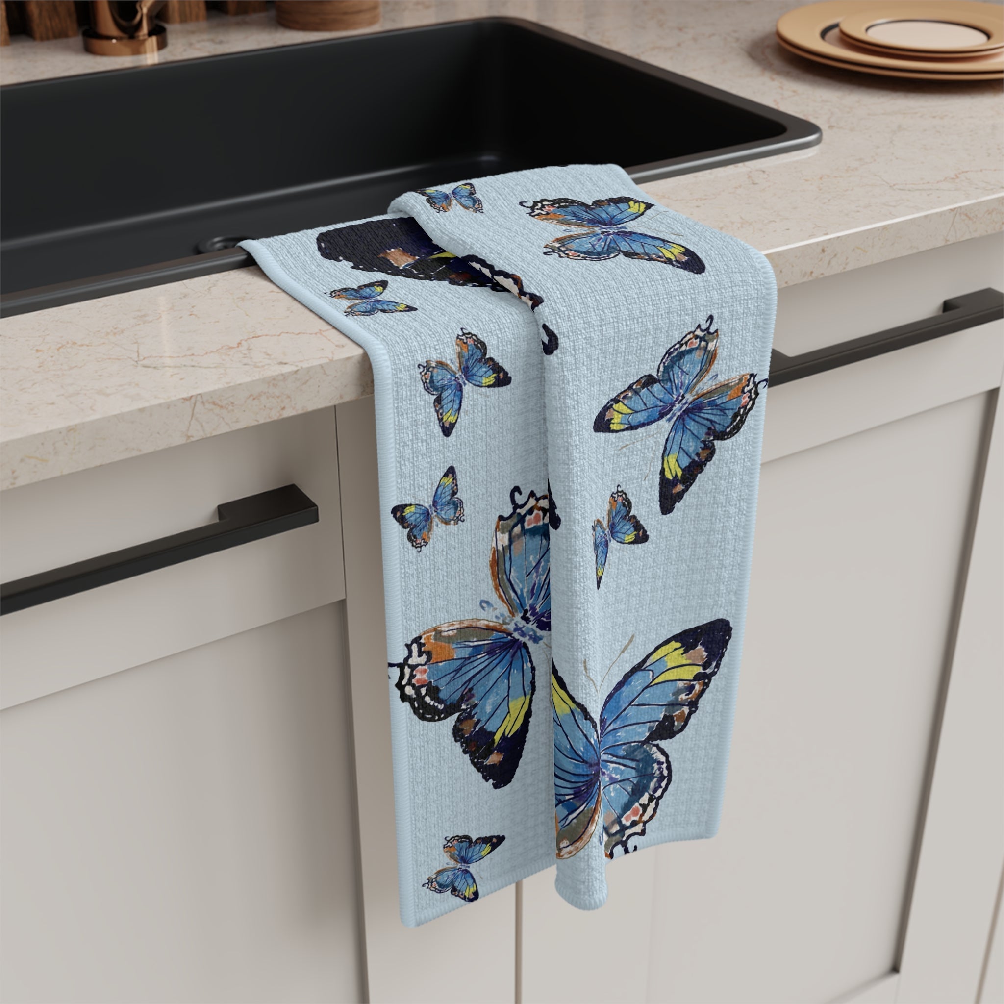 Butterfly Microfiber Waffle Kitchen Towel - Blue Cava