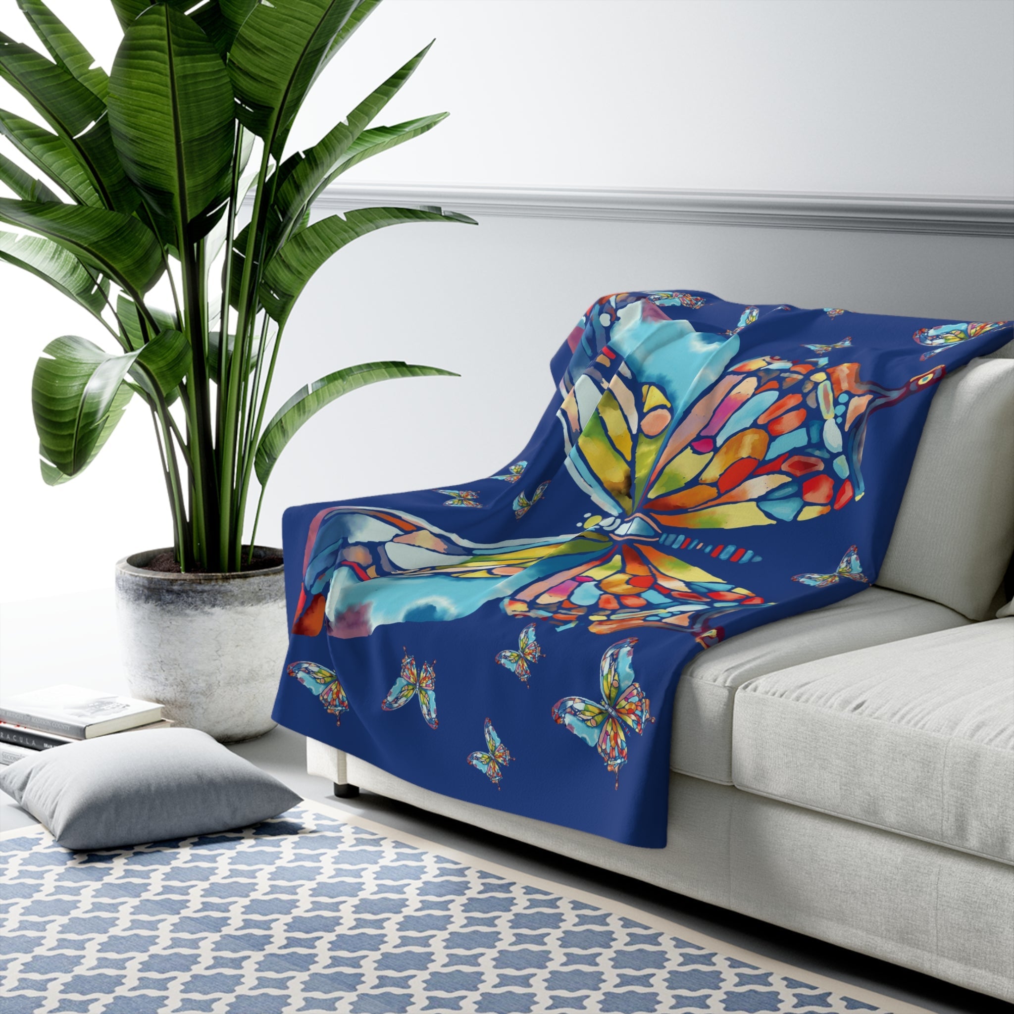 Butterfly Mosaic Sherpa Fleece Blankets - Blue Cava