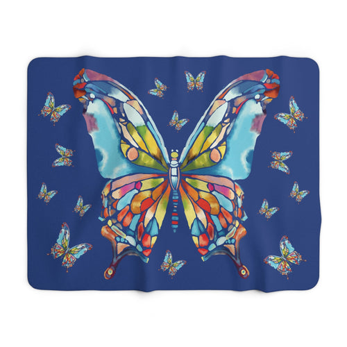 Butterfly Mosaic Sherpa Fleece Blankets - Blue Cava