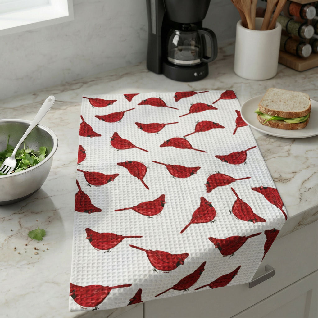 Cardinal Bird Microfiber Waffle Kitchen Towel - Blue Cava