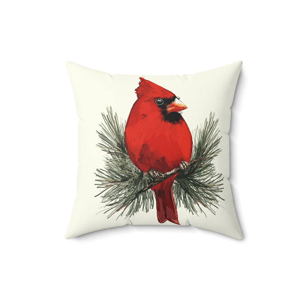 Cardinal On A Pine Branch Pillow — Red Bird Holiday Throw Pillow - Blue Cava