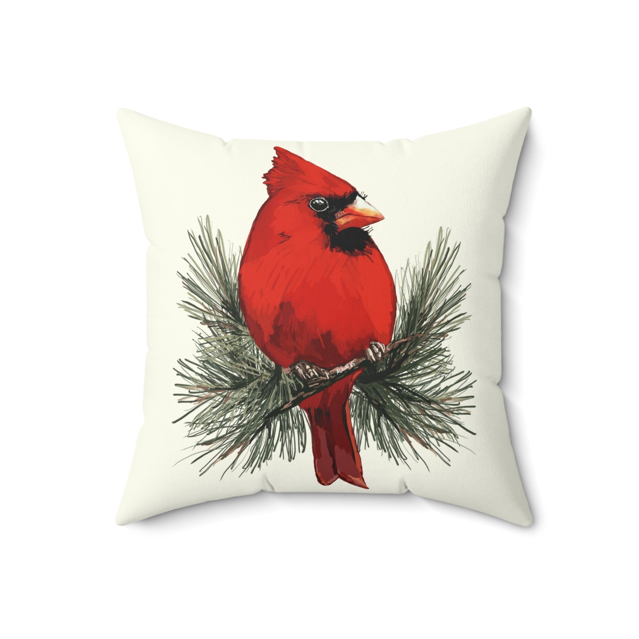 Cardinal On A Pine Branch Pillow — Red Bird Holiday Throw Pillow - Blue Cava
