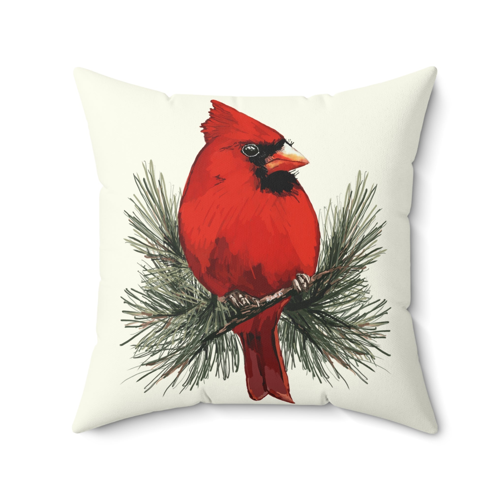 Cardinal On A Pine Branch Pillow — Red Bird Holiday Throw Pillow - Blue Cava