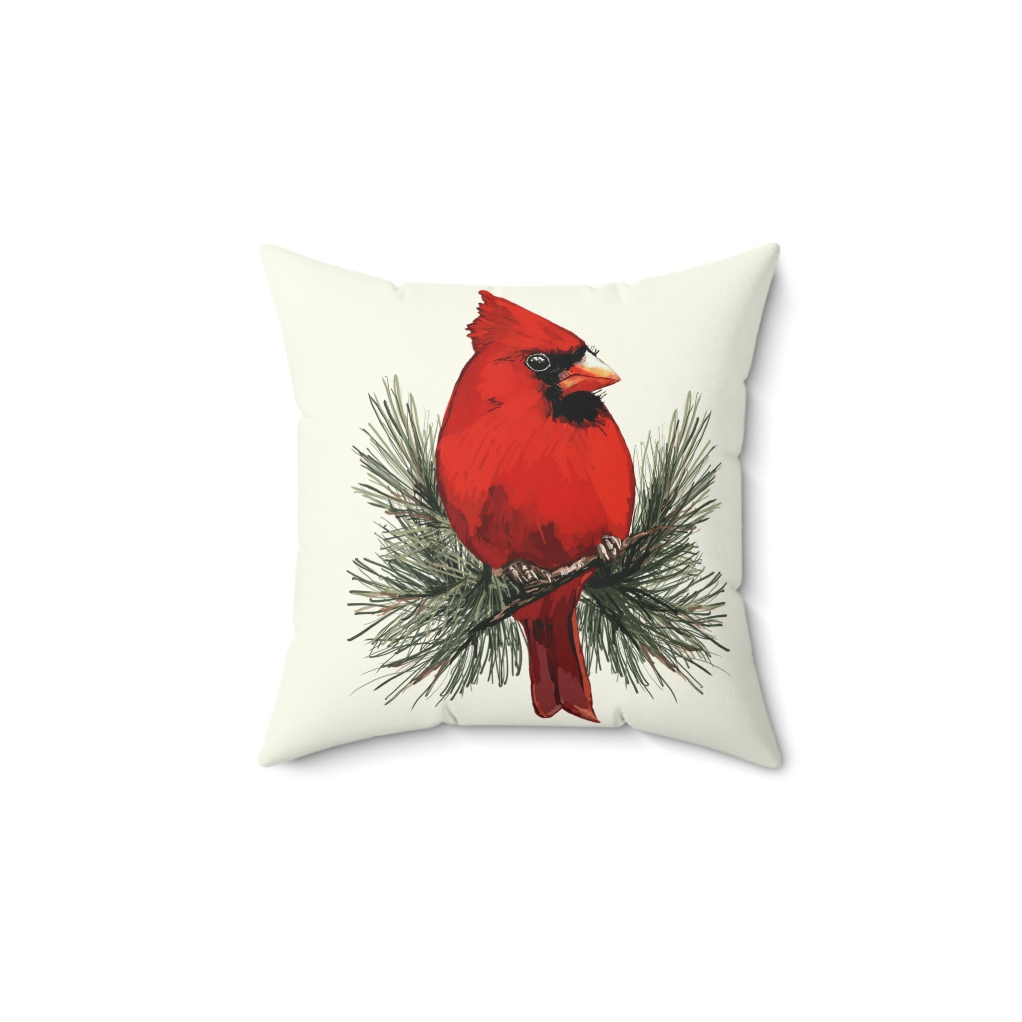 Cardinal On A Pine Branch Pillow — Red Bird Holiday Throw Pillow - Blue Cava
