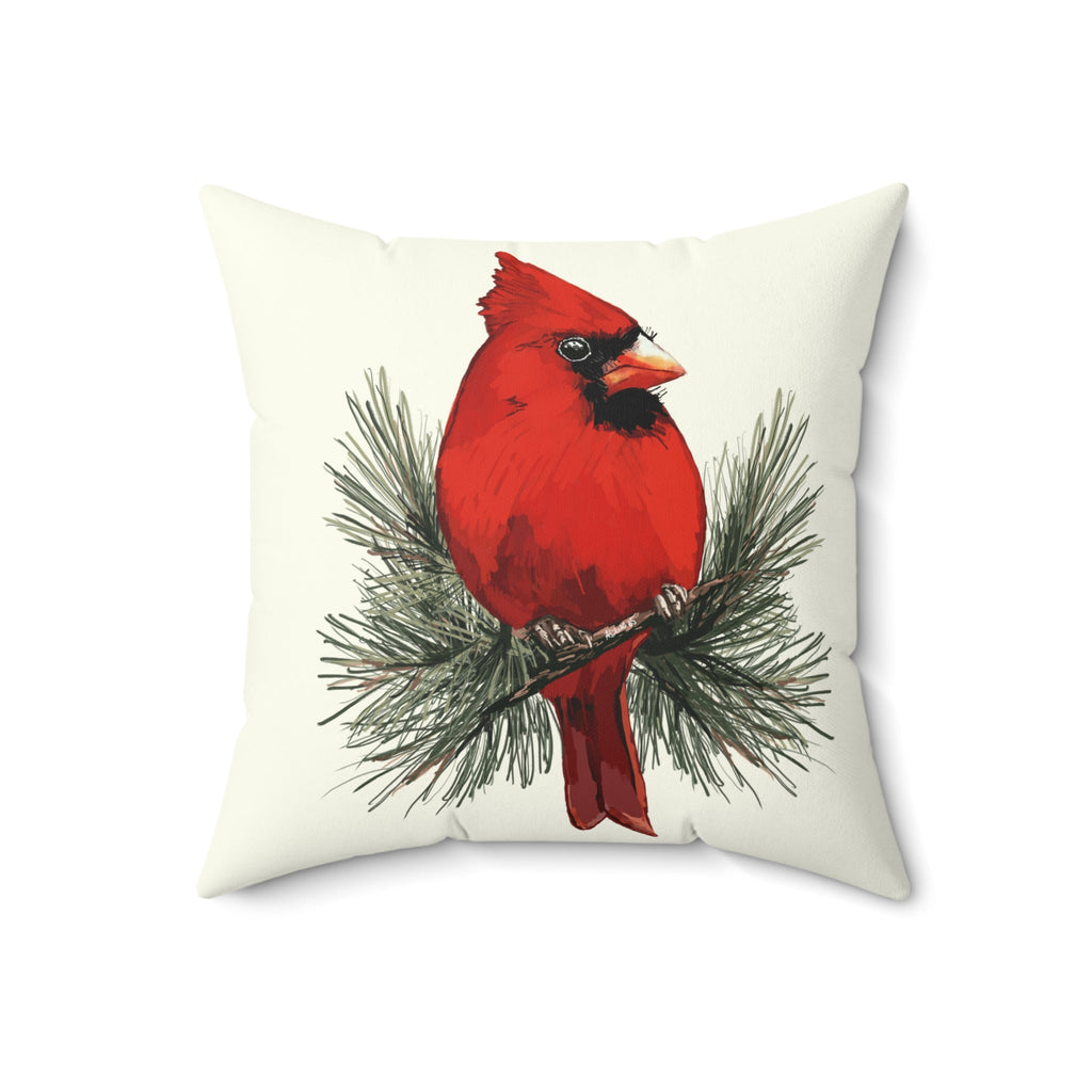 Cardinal On A Pine Branch Pillow — Red Bird Holiday Throw Pillow - Blue Cava