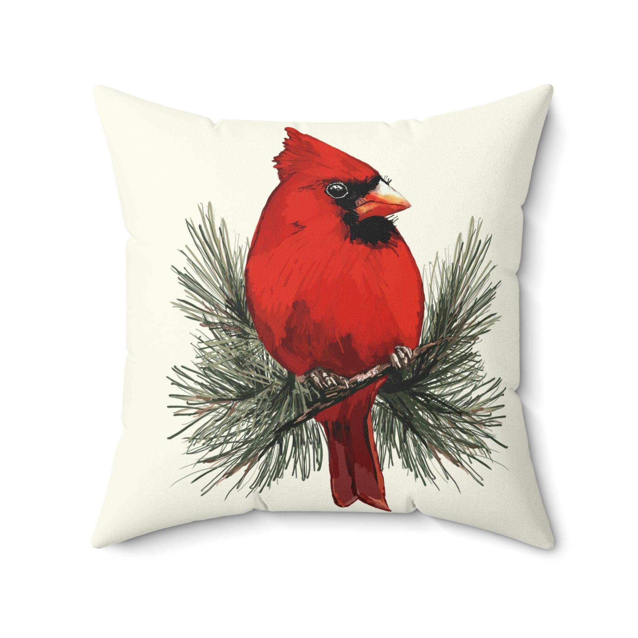 Cardinal On A Pine Branch Pillow — Red Bird Holiday Throw Pillow - Blue Cava