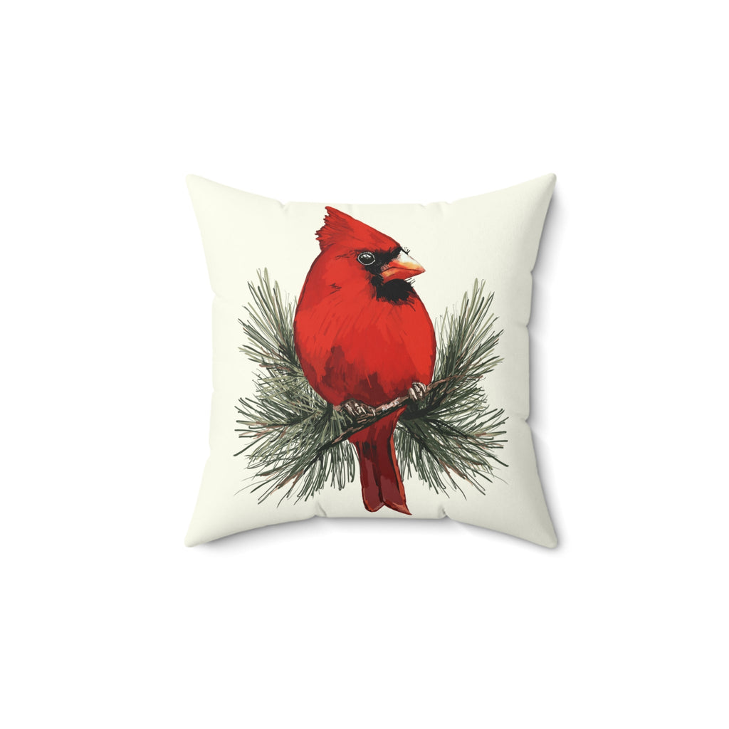 Cardinal On A Pine Branch Pillow — Red Bird Holiday Throw Pillow - Blue Cava