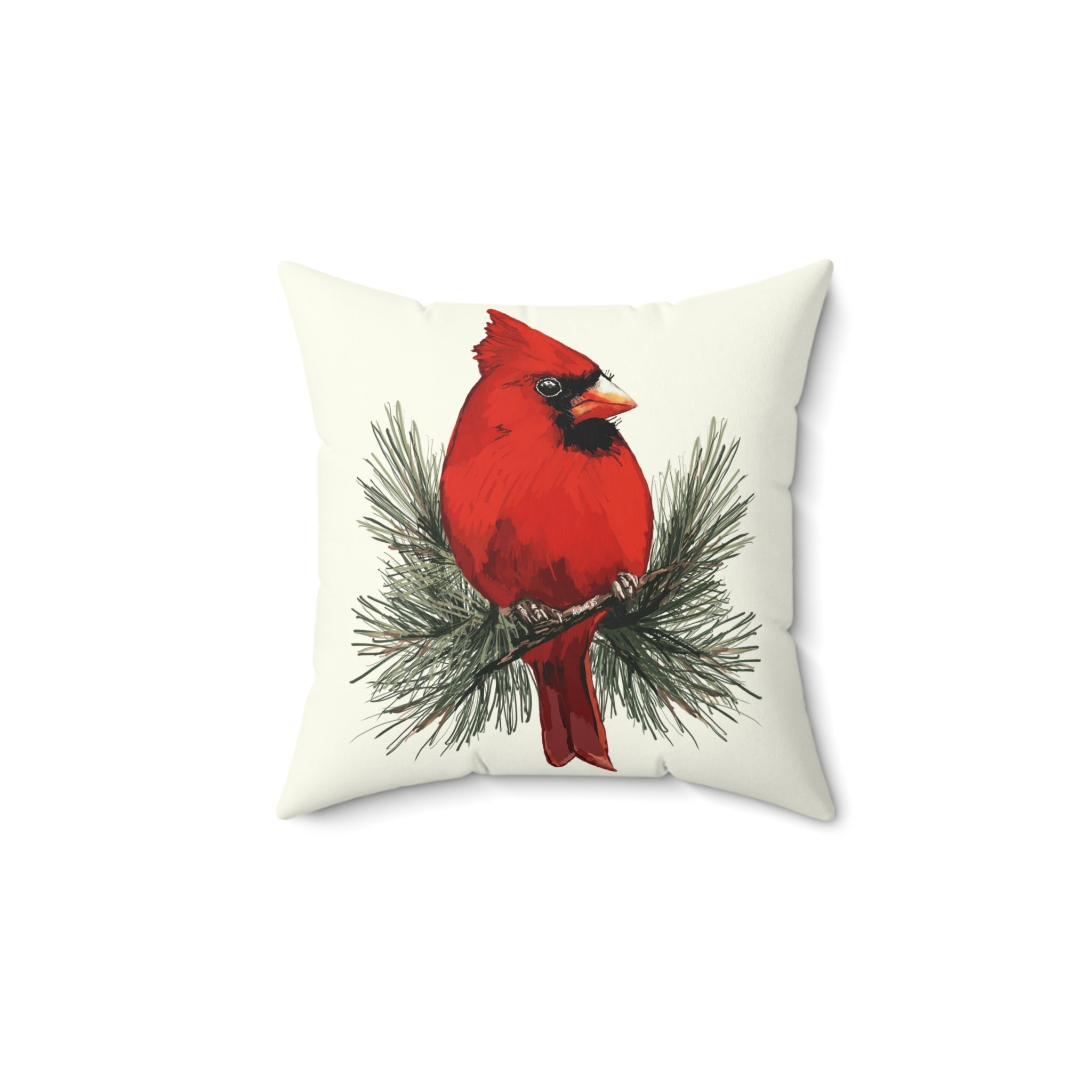 Cardinal On A Pine Branch Pillow — Red Bird Holiday Throw Pillow - Blue Cava