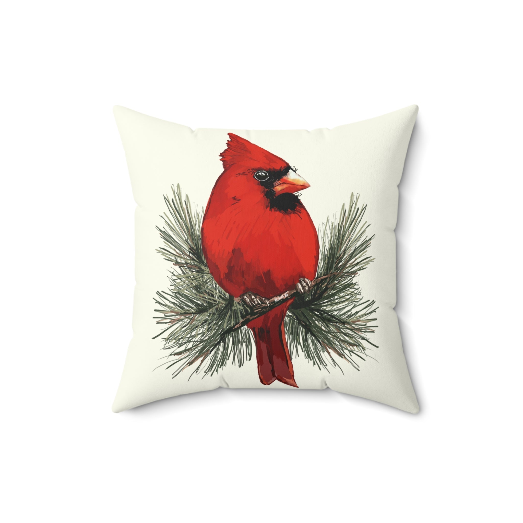 Cardinal On A Pine Branch Pillow — Red Bird Holiday Throw Pillow - Blue Cava