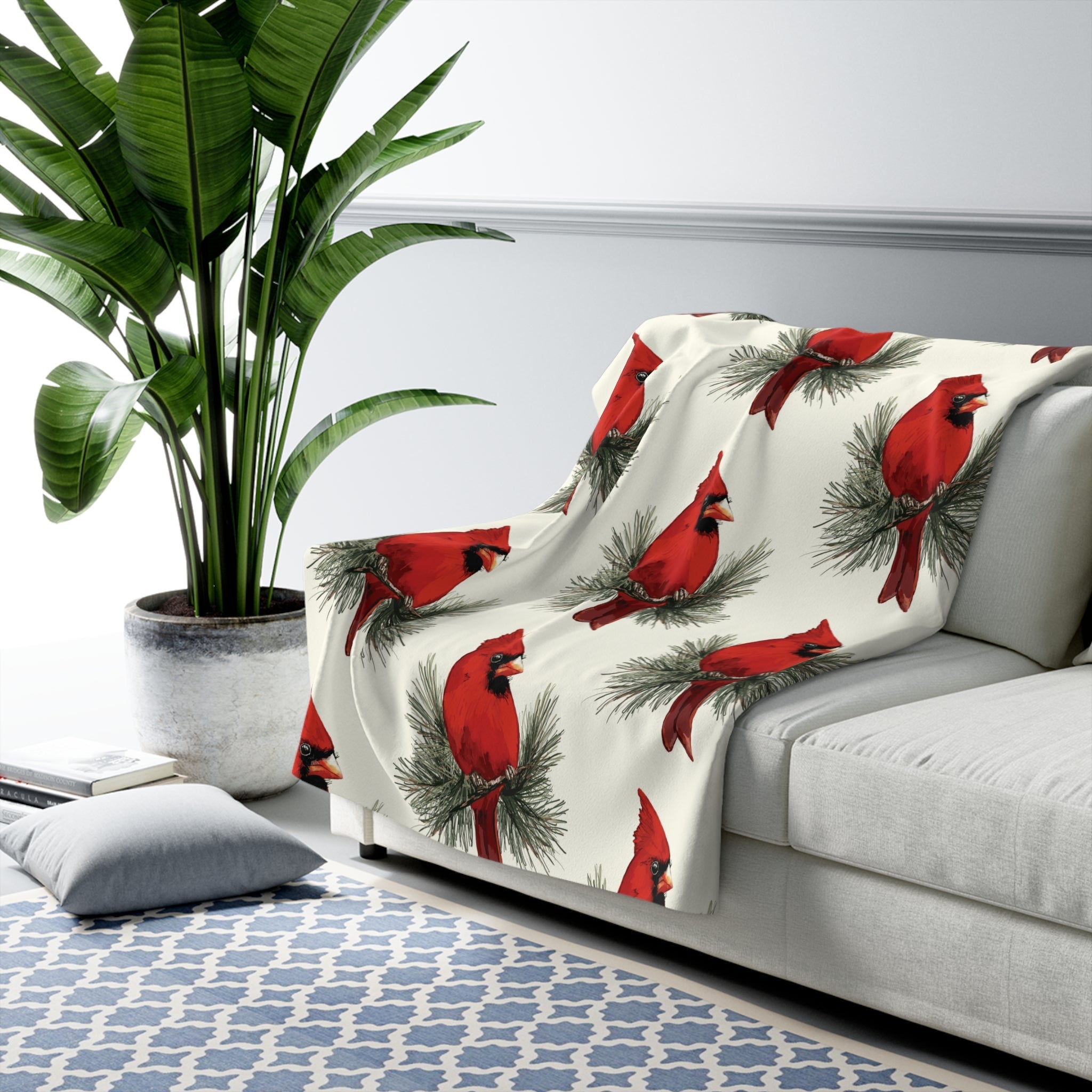 Cardinal Pattern Sherpa Blankets - Blue Cava