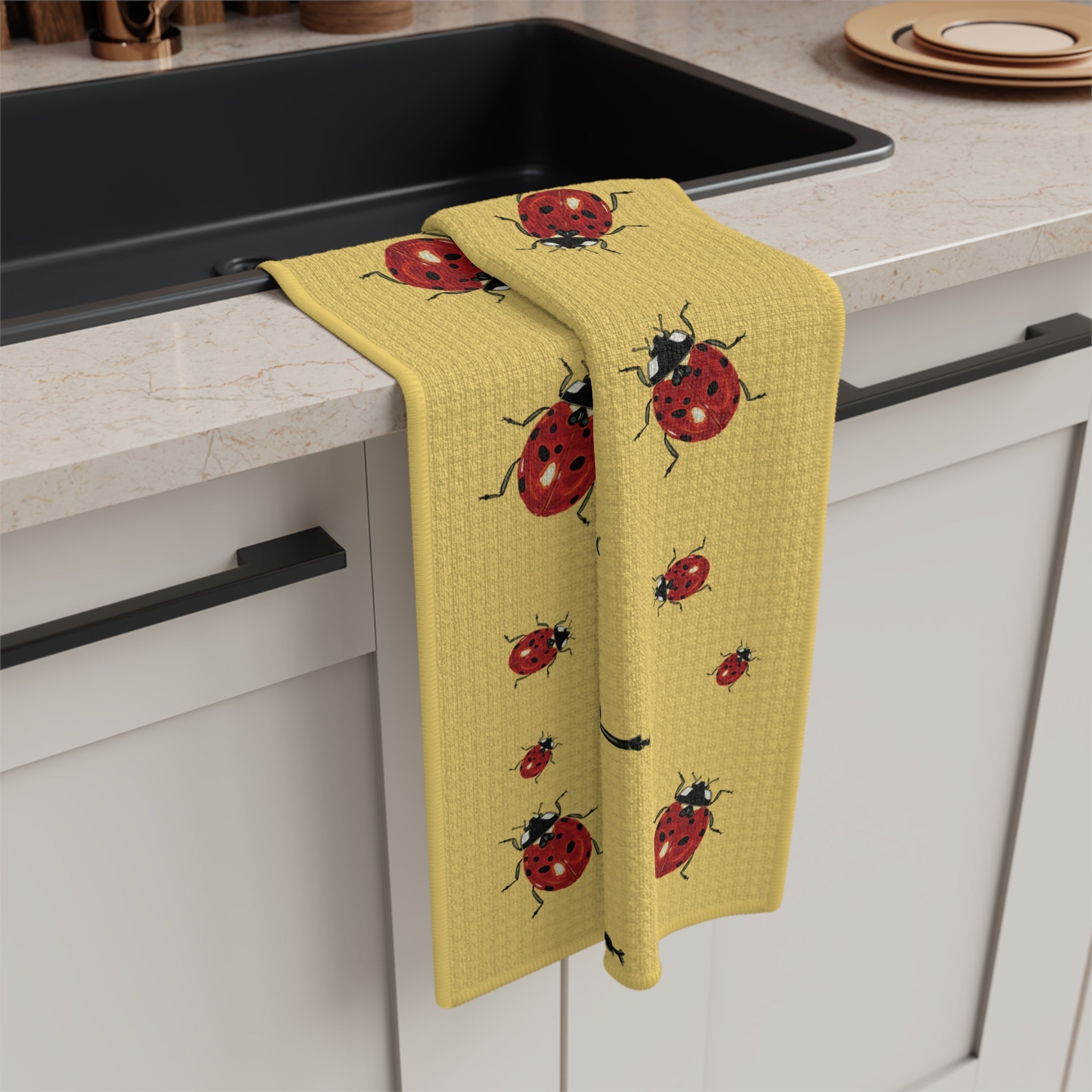 Cheerful Ladybug Microfiber Waffle Kitchen Towel - Blue Cava